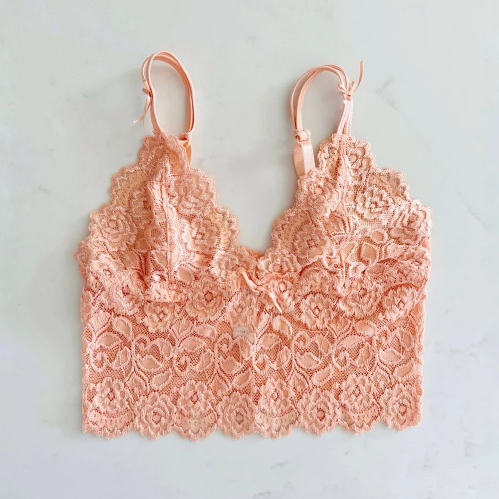 Cabernet Coral Pink Lace Bralette Top, Ribbon Bow & Adjustable Straps sz. S